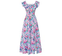 GRACE KARIN Women Summer Maxi Dress Casual Floral Wedding Guest Dresses A-line Split Square Neck Sundress with Pockets Red Blue Floral XXL