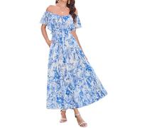GRACE KARIN Women Summer Maxi Floral Dress Elegant Ruffle Sleeve V Neck Dress Wedding Dress Boho Dress Blue White Flower XXL