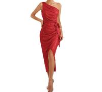 GRACE KARIN Women Summer Off-Shoulder Sequin Wrap Dress Front Slit Pleated Cocktail Party Dress Red M