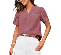 GRACE KARIN Women Summer Ruffles V Neck Button Down Shirts Short Sleeve Flowy Tunic Dressy Tops Dark Pink 2XL
