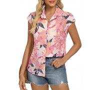 GRACE KARIN Women Summer Short Sleeve Floral Shirts Casual V Neck Button Down Lightweight Blouses Beach Vacation Boho Tops Pink-Red Flowers XXL