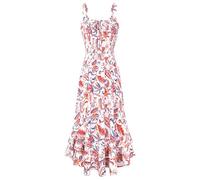 GRACE KARIN Women Summer Strappy Floral Maxi Dress Square Neck Dual Layer Hem Smocked Dress M White Orange Paisley