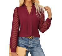 GRACE KARIN Women Tops Dressy Casual V Neck Lace Long Sleeve Shirts Business Work Blouses Office Clothes Trendy Fall Outfits, Wine Red, M