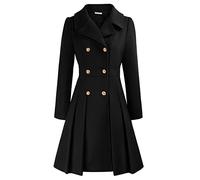 GRACE KARIN Women Winter Thick Wool Blends Trench Coat Puffed Sleeves Buttons Up Black Duffle Pleated A-Line Peacoat S