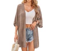 GRACE KARIN Womens 2025 Summer Crochet Cardigan Lightweight Short Sleeve Oversized Cardigan Sweaters Knit Kimonos, Khaki, XL