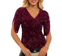 Grace Karin Womens 3/4 Length Sleeve Sequin Tops V Neck Velvet Ruched Blouses 2025 Glitter Trendy Party Outfit, Wine Red, M
