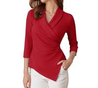 GRACE KARIN Women's 3/4 Long Sleeve Blouse Elegant Formal Office V Neck Tops for Women UK Slim Fit Red L