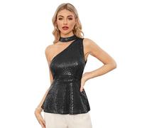 GRACE KARIN Womens Asymmetric Sequin Top Off Shoulder A-line Halterneck Party Top Black L