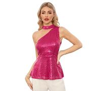 GRACE KARIN Womens Asymmetric Sequin Top Off Shoulder A-line Halterneck Party Top Rose Red L