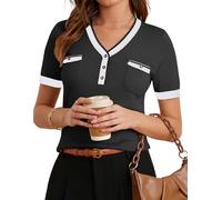GRACE KARIN Womens Black Lightweight Jumper Summer Short Sleeve V Neck Tops for Women UK CL0392-02/Black XL