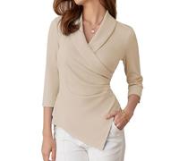 GRACE KARIN Womens Blouses Casual 3/4 Sleeve Tunic Tops Slim Fit V Neck Business Shirt Pleated XL Apricot