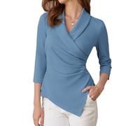 GRACE KARIN Womens Blouses Casual 3/4 Sleeve Tunic Tops Slim Fit V Neck Business Shirt Pleated XL Blue-Grey