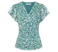 GRACE KARIN Women's Blouses Floral Boho Tops Short Ruffle Sleeve Wrap Tunic Blouse Spring Summer Going Out Tops Green Floral M