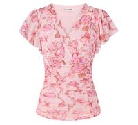 GRACE KARIN Women's Blouses Floral Boho Tops Short Ruffle Sleeve Wrap Tunic Blouse Spring Summer Going Out Tops Beige-Pink Floral XXL