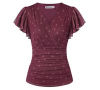 GRACE KARIN Women's Blouses Floral Boho Tops Short Ruffle Sleeve Wrap Tunic Blouse Spring Summer Going Out Tops Wine Red Heart XXL