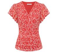 GRACE KARIN Women's Blouses Floral Boho Tops Short Ruffle Sleeve Wrap Tunic Blouse Spring Summer Going Out Tops Red-White Floral L