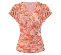 GRACE KARIN Women's Blouses Floral Boho Tops Short Ruffle Sleeve Wrap Tunic Blouse Spring Summer Going Out Tops Orange-Pink Rose XXL
