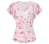 GRACE KARIN Women's Blouses Floral Boho Tops Short Ruffle Sleeve Wrap Tunic Blouse Spring Summer Going Out Tops White-Rose Floral XL