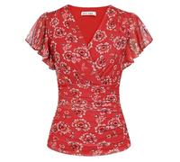 GRACE KARIN Women's Blouses Floral Boho Tops Short Ruffle Sleeve Wrap Tunic Blouse Spring Summer Going Out Tops Red-Brown Floral XXL