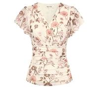 GRACE KARIN Women's Blouses Floral Boho Tops Short Ruffle Sleeve Wrap Tunic Blouse Spring Summer Going Out Tops Apricot-Brown XL