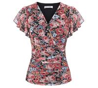 GRACE KARIN Women's Blouses Floral Boho Tops Short Ruffle Sleeve Wrap Tunic Blouse Spring Summer Going Out Tops Black-Rose Floral L
