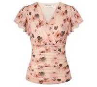 GRACE KARIN Women's Blouses Floral Boho Tops Short Ruffle Sleeve Wrap Tunic Blouse Spring Summer Going Out Tops Light Gray-Apricot XL