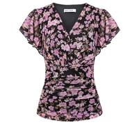 GRACE KARIN Women's Blouses Floral Boho Tops Short Ruffle Sleeve Wrap Tunic Blouse Spring Summer Going Out Tops Black-Pink Floral M