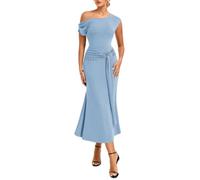 GRACE KARIN Womens Bodycon Maxi Party Dress with Asymmetric Cap Sleeves and Oblique Neck, Sash and Metal Decoration Sky Blue L