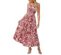 GRACE KARIN Women's Boho Floral Fancy Dress Casual Sleeveless Spaghetti Straps Pleated Loose A-line Maxi Dresses Bohemian Beach Holiday Dress with Pockets White-red Leaves M
