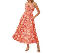 GRACE KARIN Women's Boho Floral Fancy Dress Casual Sleeveless Spaghetti Straps Pleated Loose A-line Maxi Dresses Bohemian Beach Holiday Dress with Pockets Orange-White Floral L
