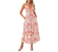 GRACE KARIN Women's Boho Floral Fancy Dress Casual V-Neck Sleeveless Spaghetti Straps A-line Maxi Dresses Bohemian Beach Holiday Dress with Pockets White-Orange M