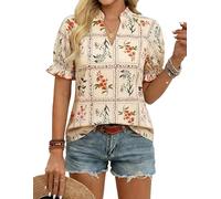GRACE KARIN Womens Boho Summer Tops,V Neck Short Sleeve Blouses Casual,Floral Print Cotton Shirts Beach Vacation Clothes 2026, Beige Plaid Floral, L