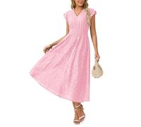 GRACE KARIN Women's Boho V-Neck Floral Fancy Dress Casual Pleated Loose A-line Maxi Short Sleeve Dresses Bohemian Beach Holiday Dress with Pockets Pink L
