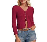 GRACE KARIN Women's Bolero Short Cardigan 3/4 Sleeve V-Neck Tie Front Cardigan Elegant Jacket Front Tie Cardigan Sweater Lightweihgt Bolero Shrugs Red XL