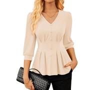 GRACE KARIN Women's Business Blouse Tops Classic Fit 3/4 Lantern Sleeve Shirt Pleated V-Neck Blouse Apricot XXL