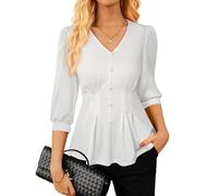 GRACE KARIN Women's Button-Down Blouse 3/4-Sleeve V-Neck Tops for Work Office Ruffled Blouse White XL