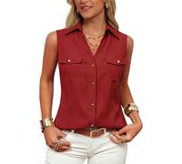 GRACE KARIN Women's Button-Down Sleeveless Shirt Tops Lapel Collar V Neck Casual Blouses Summer Office Work Top Red M