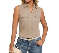 GRACE KARIN Women's Button-Down Sleeveless Shirt Tops Lapel Collar V Neck Casual Blouses Summer Office Work Top Khaki M