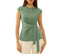 GRACE KARIN Womens Cap Sleeve Tops 2025 Summer Tie Waist Crew Neck Elegant Blouse Dressy Casual Work Business Shirts, Sage Green, M