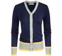 Grace Karin Womens Cardigan Contrast Color Block Sweaters Lightweight Long Sleeve Cropped Cardigan V-Neck Striped Shrugs, Contrast Dark Blue, M