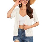 GRACE KARIN Women's Cardigan Short Sleeve V-Neck Button-Up Summer Sweater Hollow Out Crochet Knitwear White S