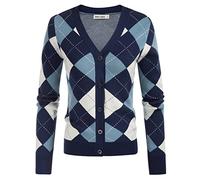 Grace Karin Womens Cardigan Sweater Fall Long Sleeve Argyle Sweater V Neck Button Up Cardigan Color Block Preppy Clothes, Plaid Light Blue, L