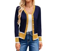 Grace Karin Womens Cardigan Sweaters Lightweight Long Sleeve Cropped Cardigan Fall Fashion Outfits Clothes Striped Shrug, Navy Yellow, XXL