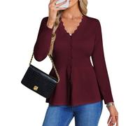 GRACE KARIN Women's Cardigans Elegant V Neck Slim Fit Cardigan Long Sleeve Button Down Scalloped Knitwear M Wine Red