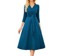 GRACE KARIN Women's Casual A-Line Pleated Midi Dress Elegant V-Neck Office Dress Peacock Blue XL