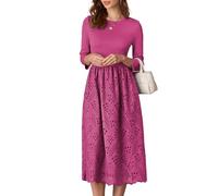 GRACE KARIN Women's Casual Dress 3/4 Sleeve Crew Neck Flowy Midi Dresses Embroidered A-Line Eyelet Tea-Length Hot Pink M