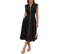 GRACE KARIN Women's Casual Dress Solid Color Midi Dress with Smocked Waist and Pockets Black 2XL