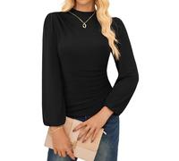 GRACE KARIN Women's Casual Mock Neck Ruched Tops Long Sleeve Slim Fit Solid Shirts Black M