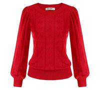 GRACE KARIN Women's Casual Outing Jumper Crew Neck Puffed Long Sleeve Hollowed Out Christmas Sweater Pullover Red M