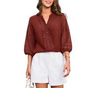 GRACE KARIN Women's Casual Shirt 3/4 Sleeve Lace Cotton Hollow Blouse V-Neck Exquisite Trendy Dressy Top Elegant Casual Spring Summer Tunic Red S